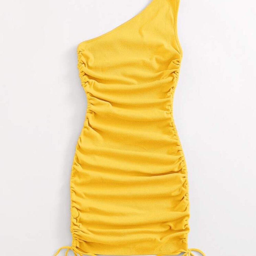 Yellow ruched one should dress